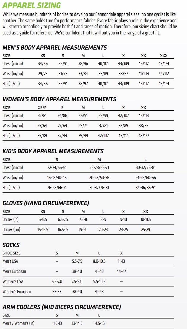 Cannondale Jersey Size Chart